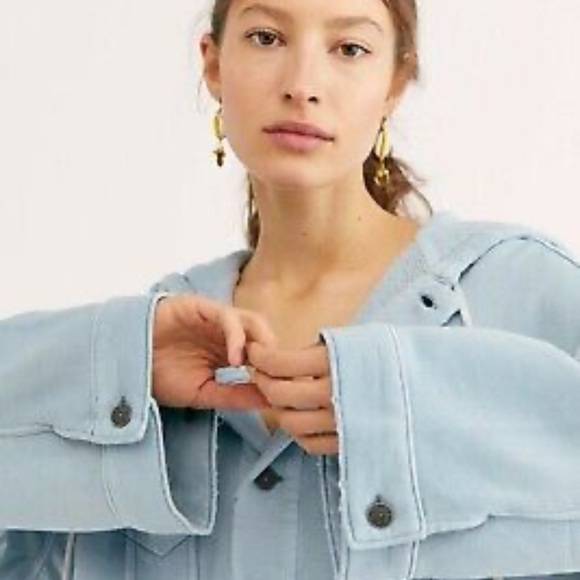 Free People Dreamers Hooded Jacket Blue oversized button closure Size M - Picture 3 of 9